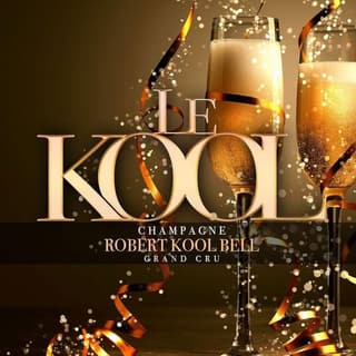 Two champagne flutes behind the Le Kool wordmark: Champagne Robert Kool Bell, Grand Cru
